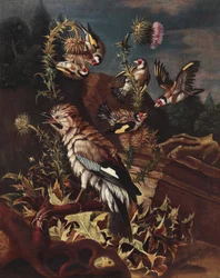 Eichelhäher und Stieglitze zwischen Disteln und Architekturfragmenten